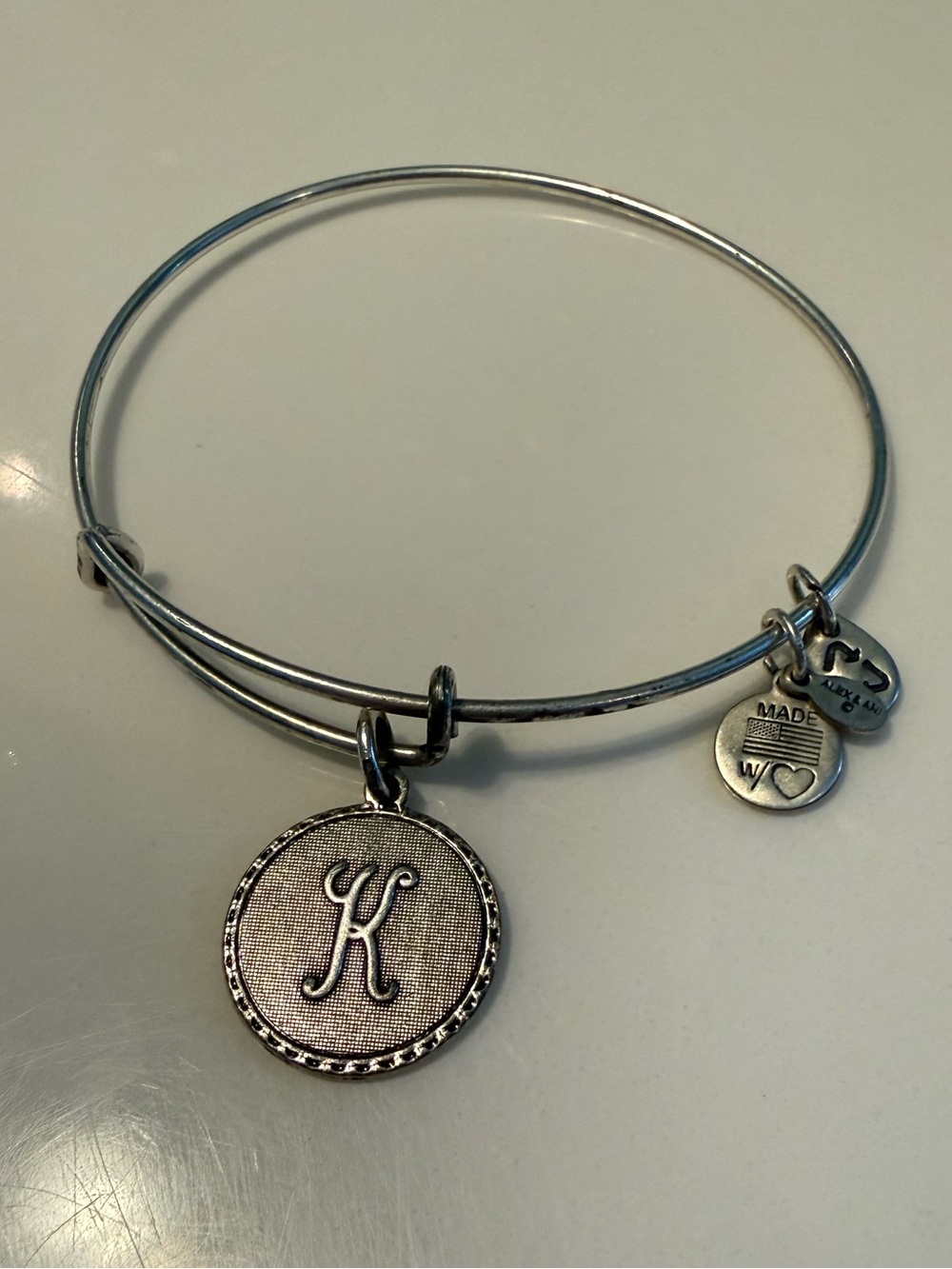 Alex and Ani Silver Initial 'K' Charm Bangle Bracelet